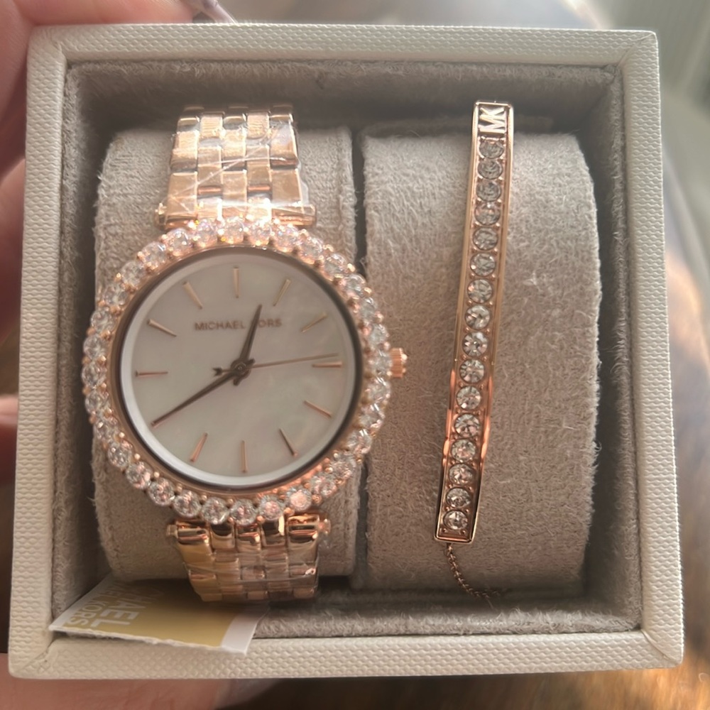 Michael Kors rose, gold, watch, and bracelet set with crystals.NWT .